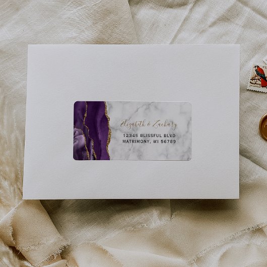 Étiquette Chic Violet Or Marbre Mariage RSVP Auto-Adresse