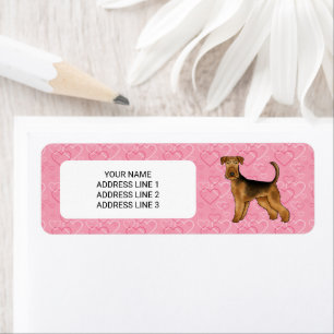 Étiquette Chien Airedale Terrier avec des cœurs roses et du