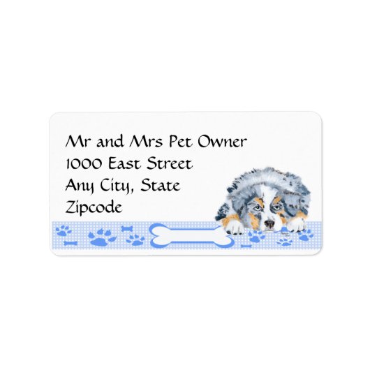 Étiquette Chiot bleu Merle Aussie sur En vichy bleu (Devant)