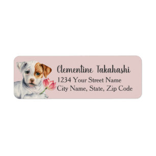 Étiquette Chiot de pitbull tenant l'adresse de fleur de