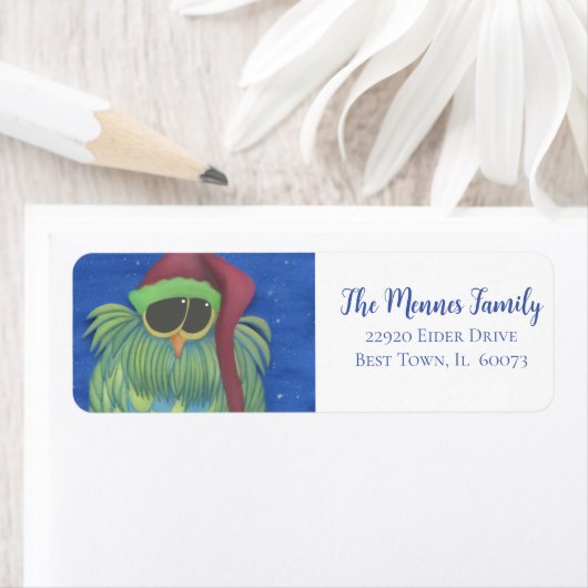 Étiquette Chouette adorable avec chapeau de Santa (En situation)