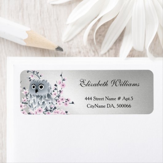 Étiquette Chouette Fleurs de cerise Argent (En situation)