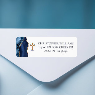 Étiquette Christian Cross Blue Gold Agate Adresse de retour