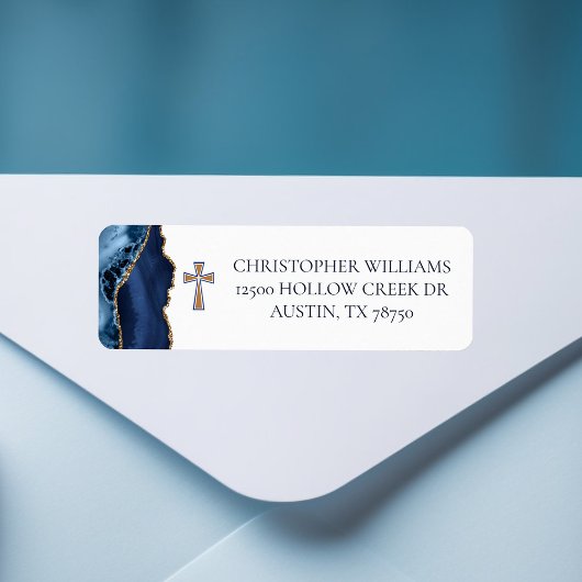 Étiquette Christian Cross Blue Gold Agate Adresse de retour