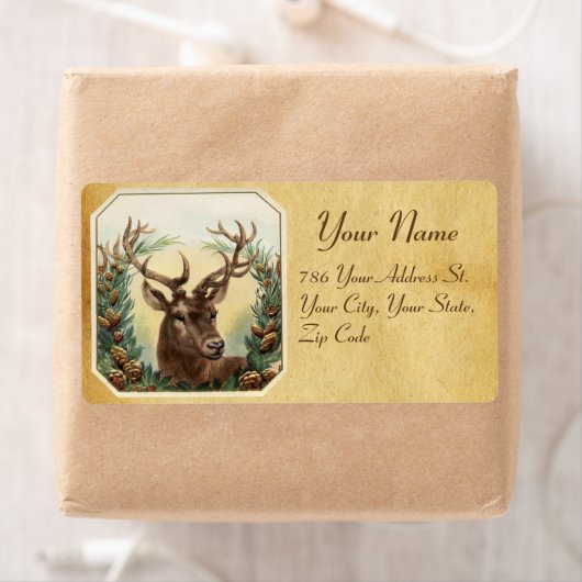 ÉTIQUETTE CHRISTMAS DEER AVEC PINE CROWN PARCHMENT (En situation)
