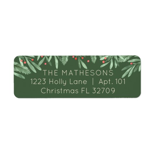 Étiquette Christmas Greenery Red Berries Dark Green Address (Devant)