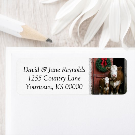 Étiquette Christmas Hereford Cow and Calf (En situation)