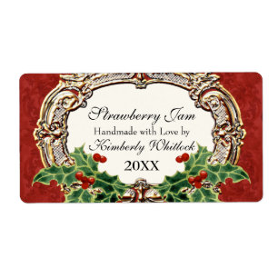 Étiquette Christmas Holly w Gold Look Damask Cuisine Aliment