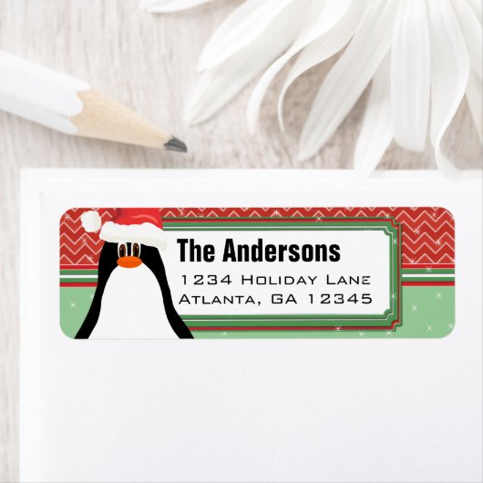 Étiquette Christmas Penguin Chevron Motif Adresse de retour (En situation)