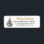 Étiquette Christmas Tree White Gold Retour Adresse<br><div class="desc">Un élégant arbre de Noël vert décoré de poinsettia blancs</div>