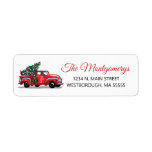 Étiquette Christmas Vintage Red Truck Return Address<br><div class="desc">Add a touch of vintage to your holiday mailings with these retro truck return address labels. The design features a red pickup truck with a Christmas tree in the back 
 with your name and address to personalize in a modern red and black script.  Designed by artist ©Tim Coffey.</div>