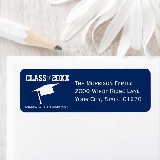 Étiquette Classe Classic Blue Graduation Cap Classe de 20XX (En situation)