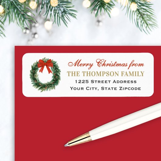 Étiquette Classic Christmas Wreath Family Return Address