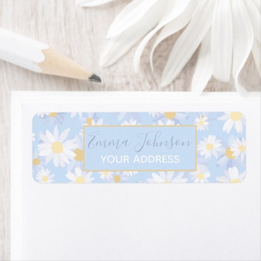 Étiquette Classy Blue White Daisy Flowers (En situation)