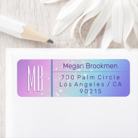 Étiquette Classy Purple & Blue Bokeh Star Monogram Adresse (En situation)