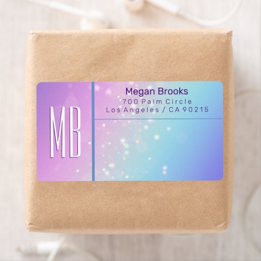 Étiquette Classy Purple & Blue Bokeh Star Monogram Adresse (En situation)