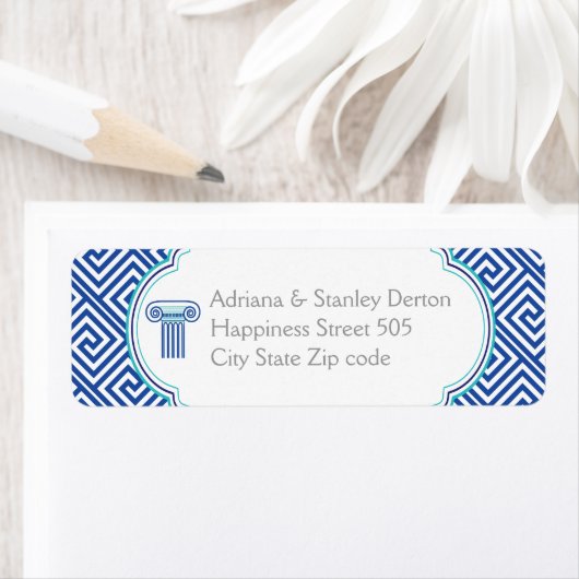 Étiquette Clé et colonne grecque bleu mariage grec (En situation)