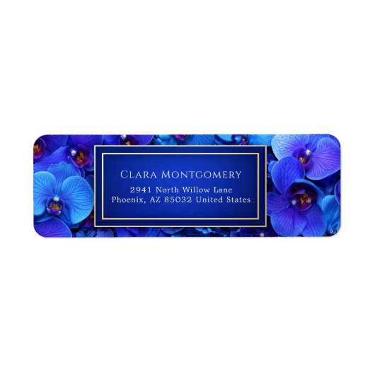 Étiquette Cobalt Blue Gilded Botanical Orchid Return Address (Devant)
