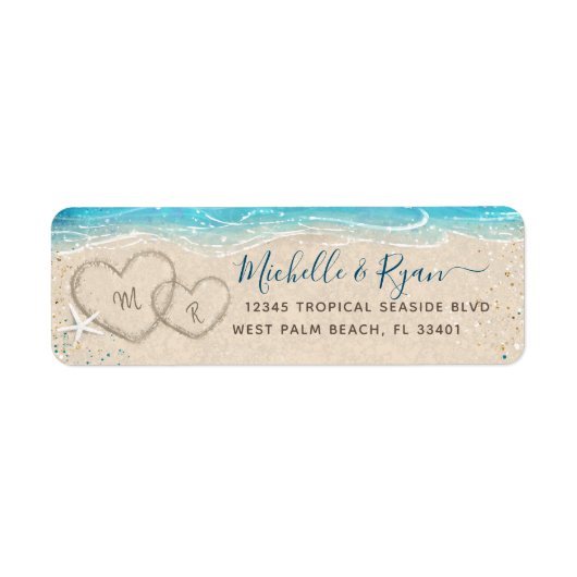 Étiquette Cœurs dans le sable Aquarelle plage Adresse de ret (Devant)
