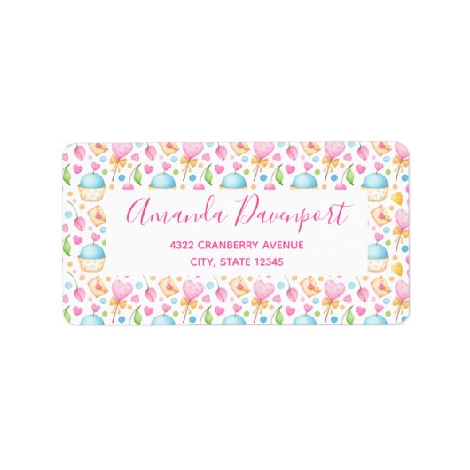 Étiquette Coeurs fantaisistes et Motif d'aquarelle (Devant)