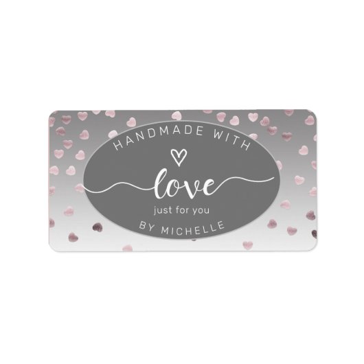 Étiquette Coeurs roses fait main avec l'amour carré monogram (Devant)