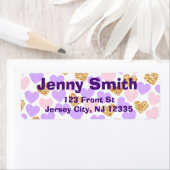 Étiquette Coeurs violets, dorés et roses Retourner l'adresse (En situation)