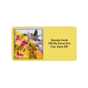 Étiquette Colibri sur lilas et orchidées sur fond jaune