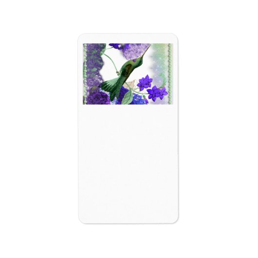 Étiquette Colibri vert avec fleurs, dentelle, perles (Devant)
