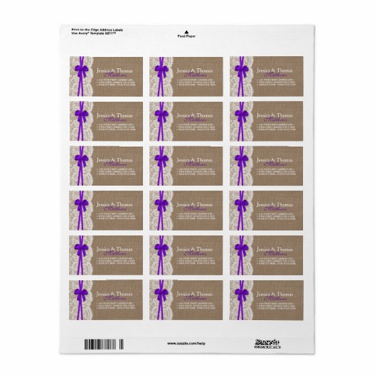 Étiquette Collection de Mariages Rustique pourpre Bow (Feuille entière)