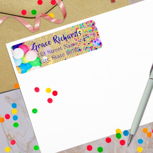 Étiquette Confetti Coloré Et Ballons Festive Anniversaire