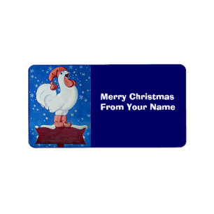 Étiquette Coq drôle dans le casquette de Père Noël dans