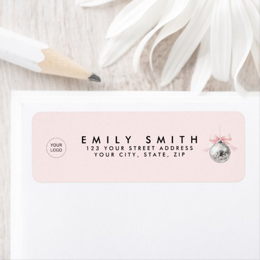 Étiquette Coquette personnalisée Disco Ball rose ruban (En situation)