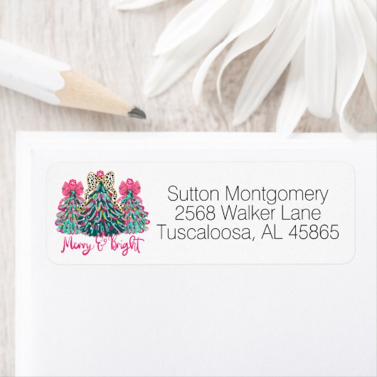 Étiquette Coquette Preppy Christmas Tree Bows Adresse de ret (En situation)