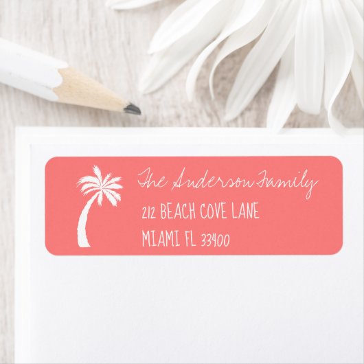 Étiquette Corail + Palm Tree Icon écriture manuscrite Typogr (En situation)