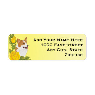 Étiquette Corgi de Pembroke et roses jaunes