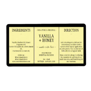 Étiquette Cosmétique Vanille Honey Ingrédients jaune