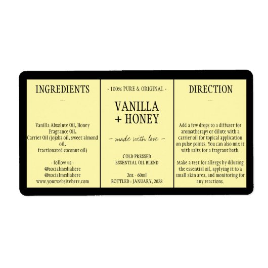 Étiquette Cosmétique Vanille Honey Ingrédients jaune (Devant)