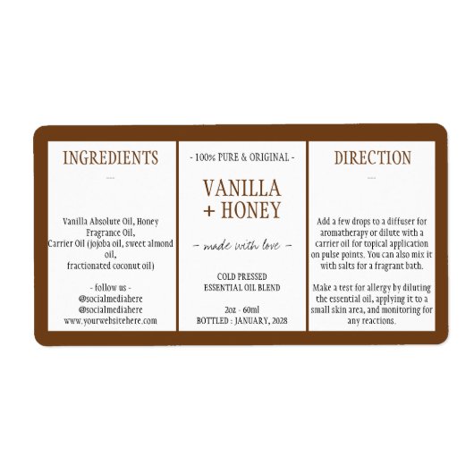 Étiquette Cosmétique vanille miel Ingrédients brun (Devant)