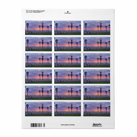Étiquette Coucher de soleil sur la plage violette (Feuille entière)
