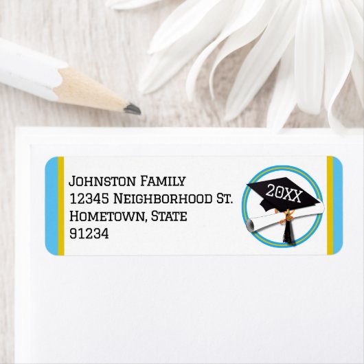 Étiquette Couleurs de l'école Lt Blue et Gold Graduation (En situation)