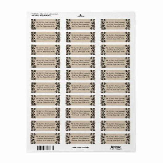 Étiquette Country Garden Damask Black et Burlap (Feuille entière)