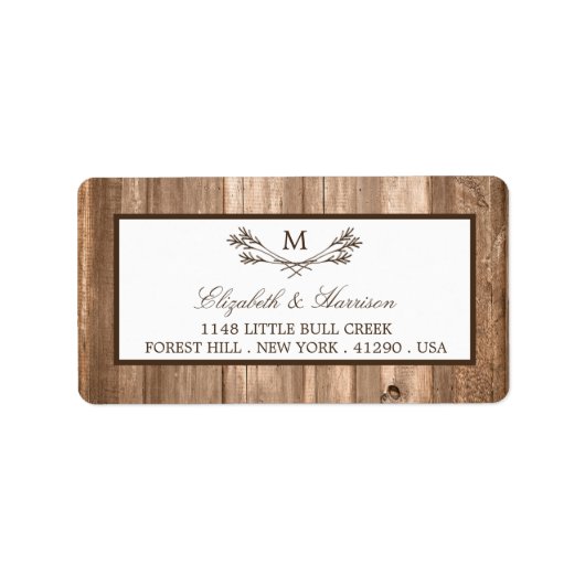 Étiquette Country Rustic Monogram Branche & Mariage bois (Devant)