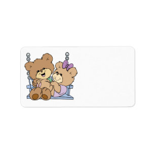 Étiquette couple d'ours en peluche mignon romance sur banc b