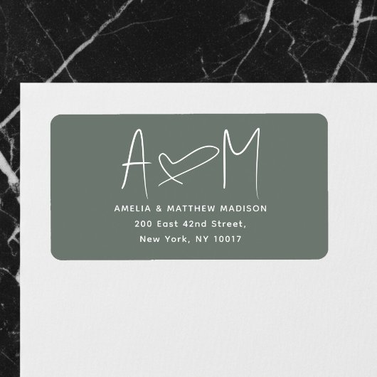 Étiquette Couple Monogram Heart Green Return Address
