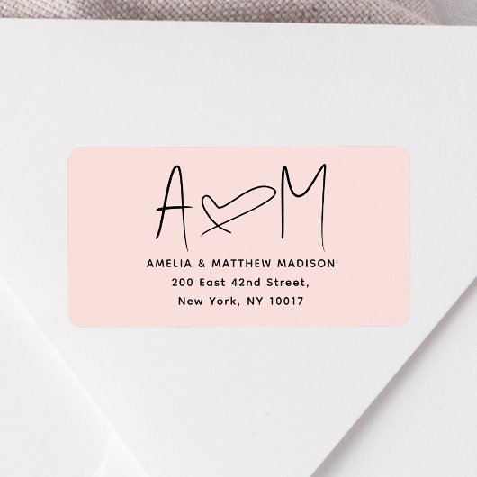 Étiquette Couple Monogram Heart Pink Return Address