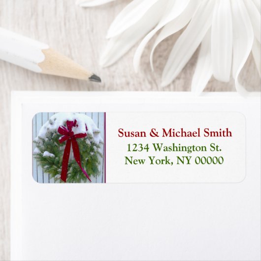 Étiquette Courbe de Noël Neige Rouge Bow Couverte À feuillag (En situation)