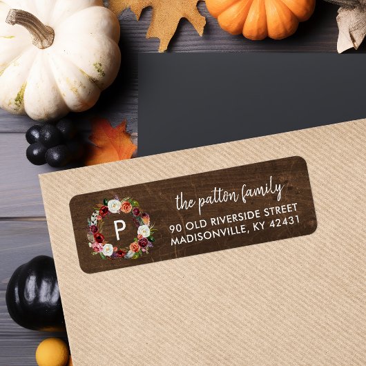 Étiquette Couronne de fleurs Boho d'automne avec monogramme 