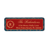 Étiquette Couronne de monogramme classique Noël plaid rouge (Devant)