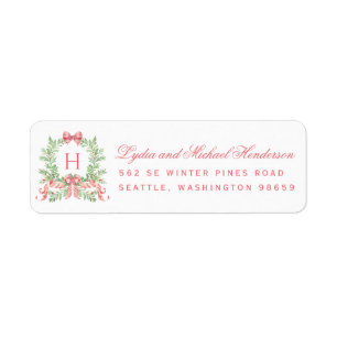 Étiquette Couronne de Noël Adresse de Retour Script Rouge