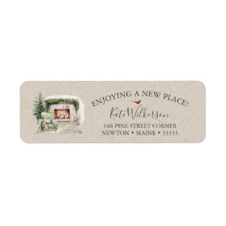 Étiquette Cozy New Address with Fireplace Holiday